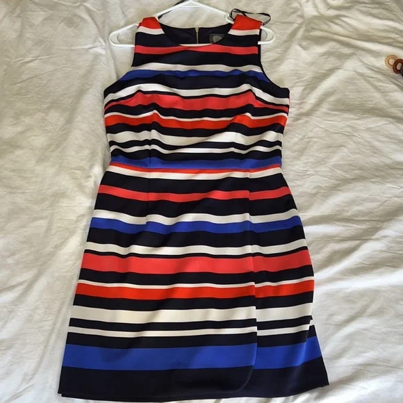 Vince Camuto Lined Navy, Blue, White & Coral Striped Dress - Picture 9 of 11